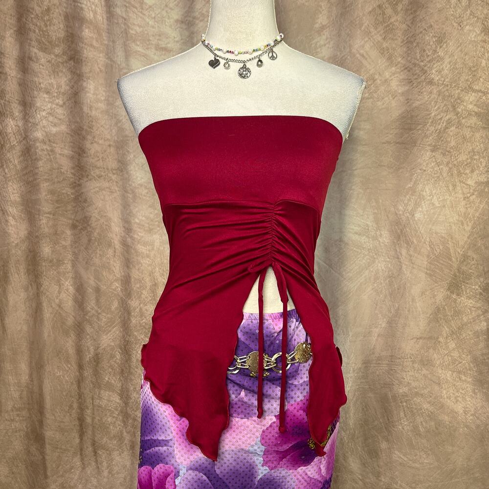 Y2K Ruched Tube Top Asymmetrical Lettuce Hem Strapless Maroon Indie Sleaze Club